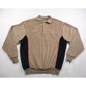 Vintage Norm Thompson Sweater Mens Large Tan Black Velour Long Sleeve Banded Hem